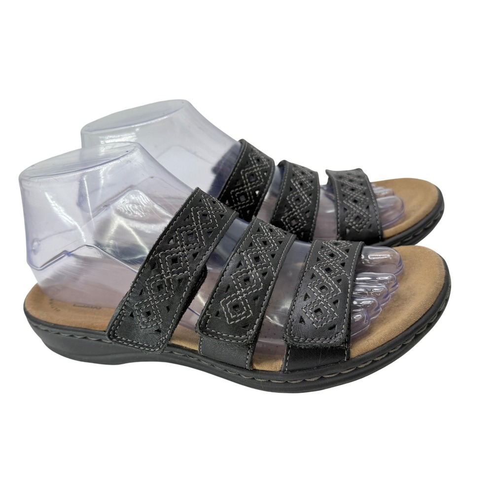 Clarks‎ Black Leather Embellished Strappy Comfort Sandals Women US 6.5 EU 37